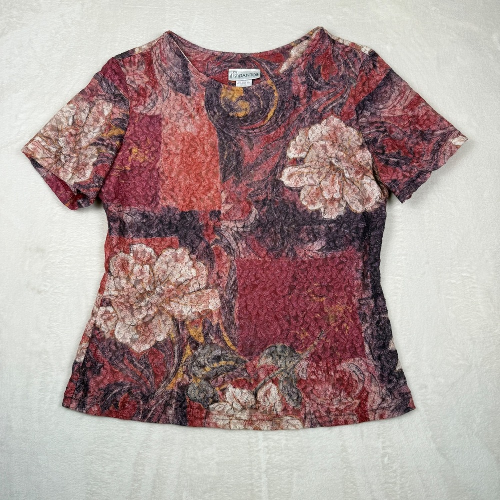 Vintage Gantos Pink Floral Top Large Textured Mesh Whimsical Fairy Cottagecore‎